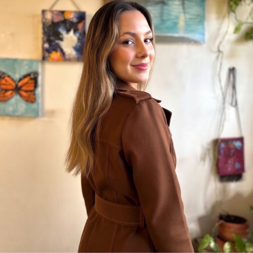 American Vintage Brown Double-Breasted Belted Trench Coat - Picture 5 of 12